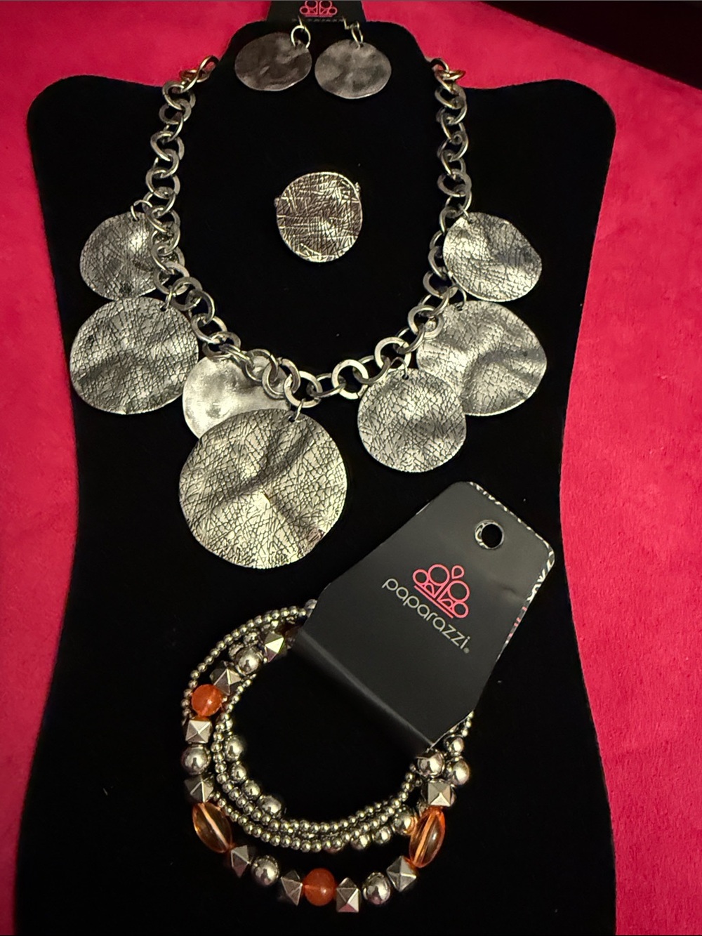 paparazzi Silver Textured Disc Necklace Set with Orange Accent Bracelet